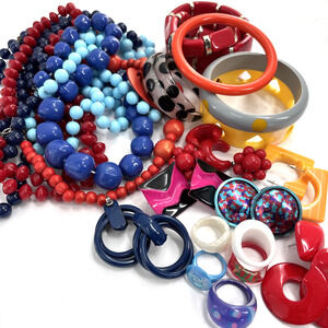 VTG Pop Art Jewelry lot Mod gogo chunky bangles rings necklaces earrings 24 pcs